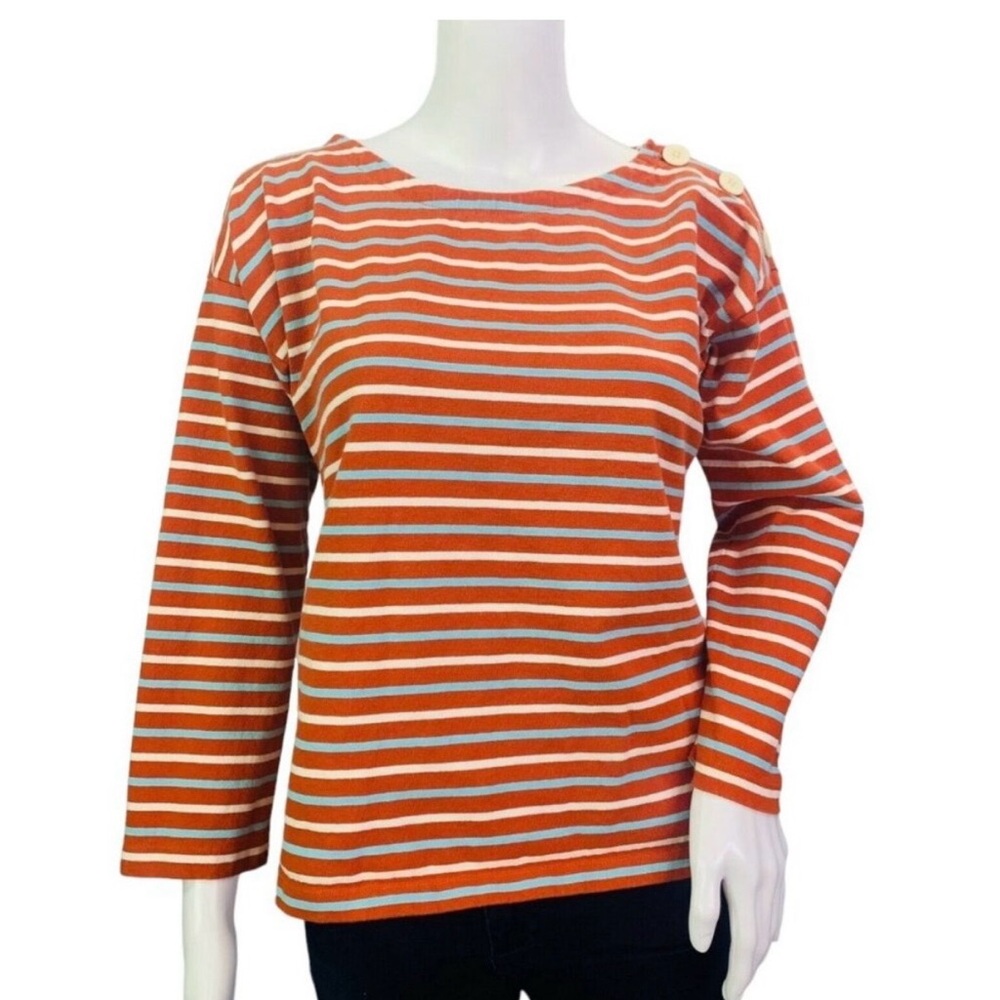 J Crew Womens Boatneck Top in Striped Mariner Cloth Orange Blue Button Size M - Picture 2 of 9